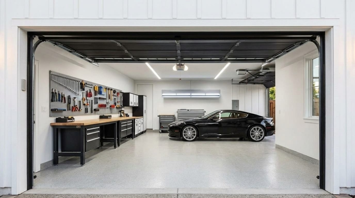 Byrne Garage Door Services Interior View of Custom Garage Door Overhead and Workshop